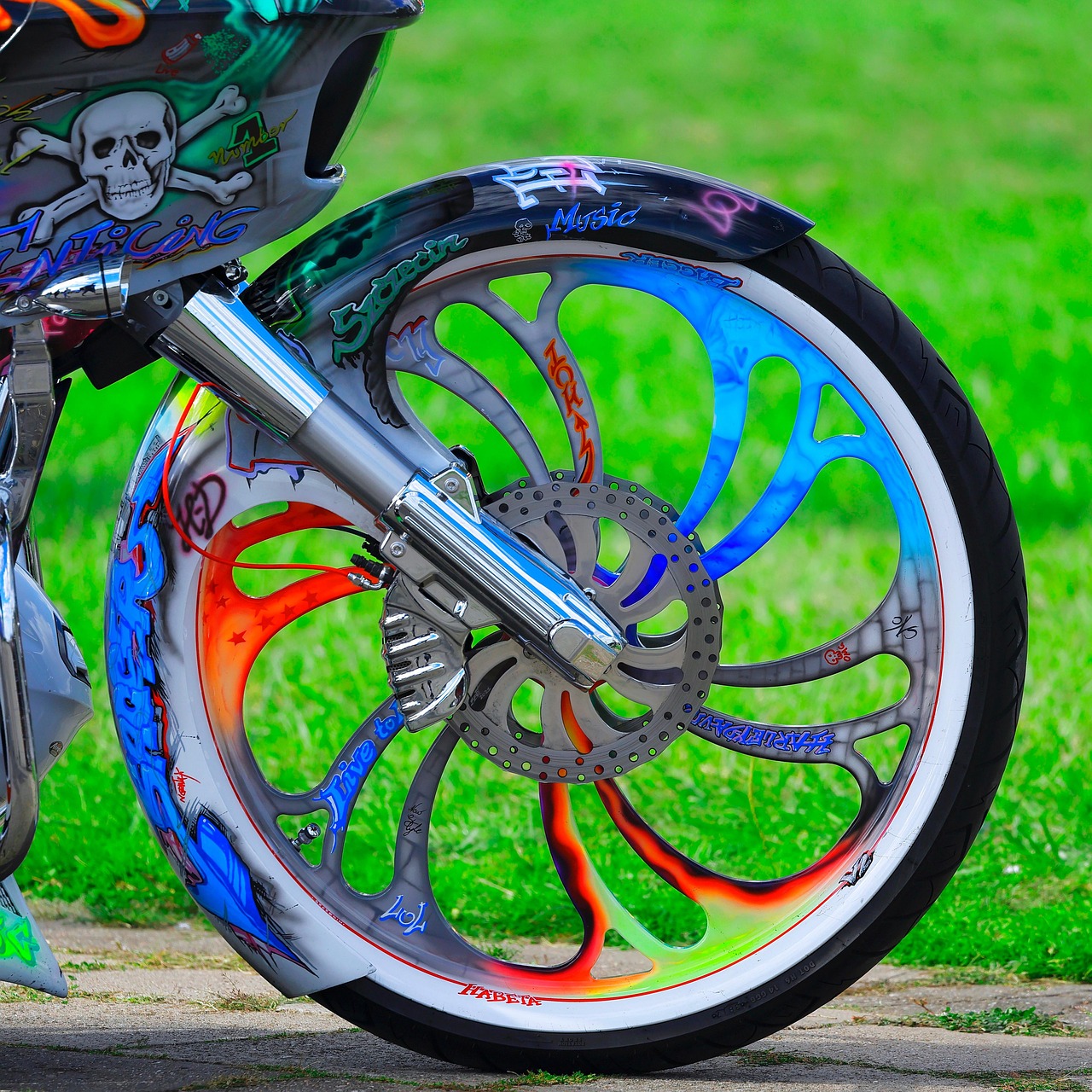 motorbike, motorcycle, custom paint, colorful, vehicle, outdoors, transportation
