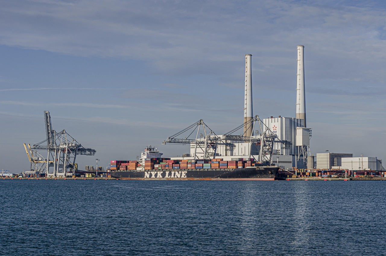 cargo, dock, container, ship, port, trade, freight, export, logistics, transport, maritime, merchandise, commercial, international, crane, portico, france, haven, fireplace, industry