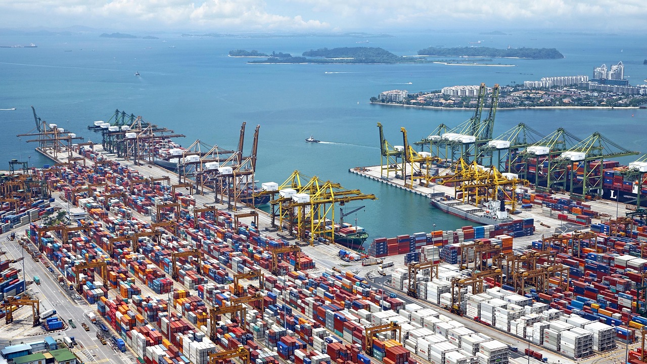 port, ships, cranes, load, containers, sea, sky, transportation, cargo, shipping, import, export, harbor, logistic, water, nature, freight, delivery, international