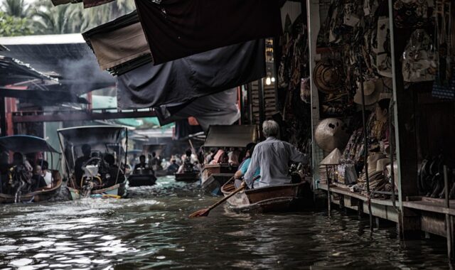 bangkok, river, market, boats, floating market, water, floating, transport, nature, travel, marketplace, scene, thailand, asia