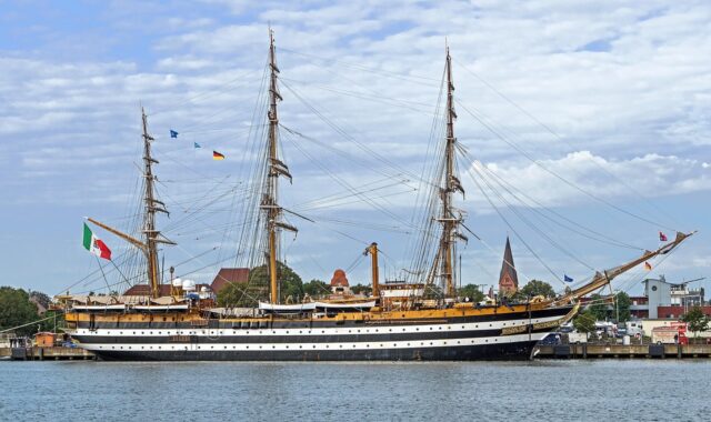 amerigo vespucci, sail training ship, italy, passagierkai, warnemünde, hansesail, rostock, guest ship, tall ship, training ship, shipping, maritime, masts, port, church tower, windjammer, amerigo vespucci, amerigo vespucci, amerigo vespucci, amerigo vespucci, amerigo vespucci, rostock