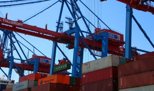 container, port, ship, crane, hamburg, freight, container ship, traffic, industry, logistics, export, delivery, carrier, freighter, shipping, sea, water, trade, shipping company, terminal, globalization, nature, seafaring