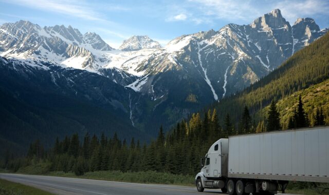 truck, freight, transportation, trailer, moving, mountains, road, semi-trailer, semi, cargo, carrier, delivery, dry van, haul, nature, haulage, highway, scenic, canada, british columbia, blue road, blue truck