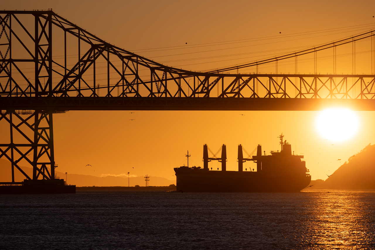 boat, ship, sunset, bridge, oil tanker, nature, tanker, silhouette, steel bridge, sky