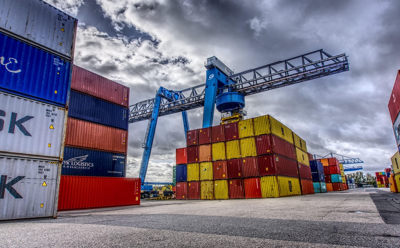 container, port, loading, nature, stacked, container terminal, container handling, loading crane, crane, freight, transshipment point, germany, to dye, heaven, clouds, hdr, contrast, high dynamic range, multicoloured