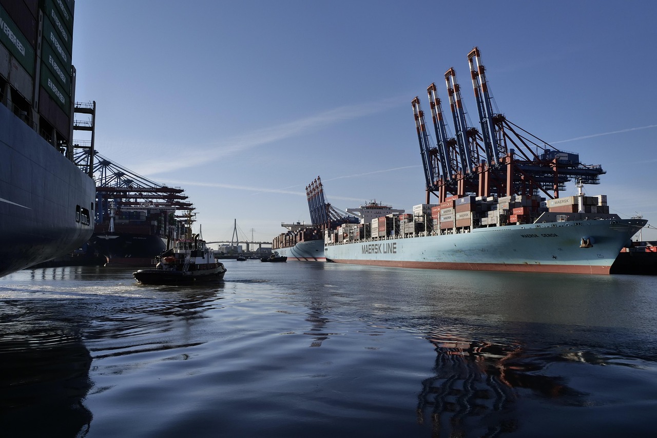 container, hamburg, port, port city, container terminal, container ship, tractor, nature, reflection, freight, seafaring, transshipment point, container handling, water, ship, shipping, port cranes