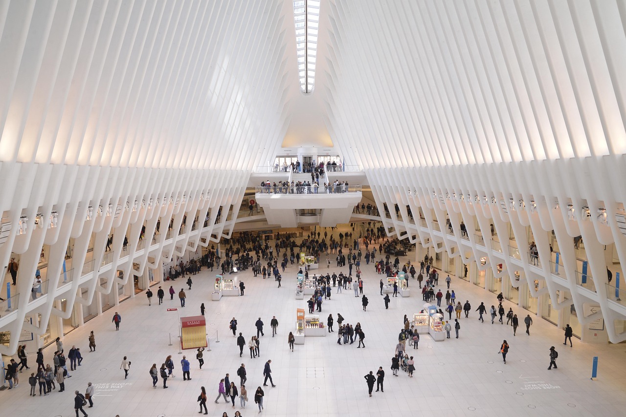 world trade center, building, people, interior, metaverse, architecture, crowd, public, modern, terminal station, downtown, perspective, oculus, metro, new york, manhattan, america, usa