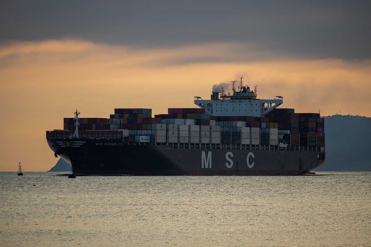 ship, sea, port, cargo, export, nature, logistics, container, transport, ocean, shipping, vessel, seascape, sunset